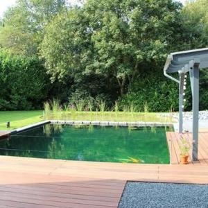 Auf diesem Bild ist ein von uns abgedichteter Koi Teich zusehen, rundherum ist eine Holzterrasse.